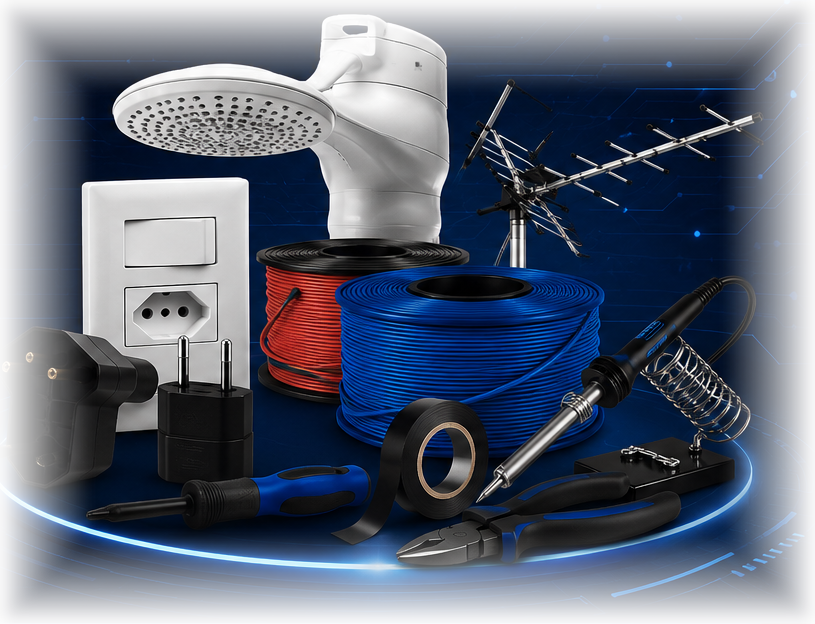 Produtos Comercial Primos: chuveiro, tomadas, fios, cabos, antena, ferramentas e solda